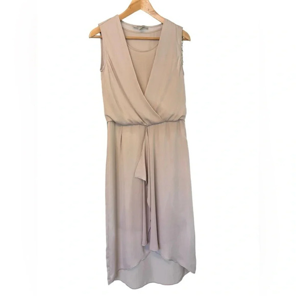 AllSaints Tape Beige Draped Chiffon Knee Length Midi Dress Size 2 - Picture 2 of 7